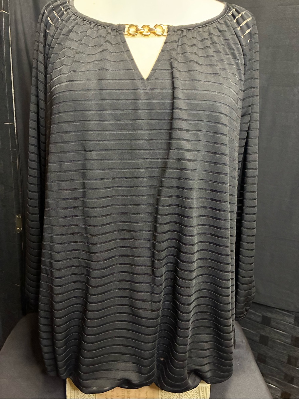 Black Sheer Stripe Long Sleeve Top with Gold Accent